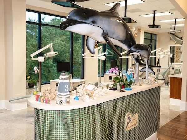 Tropical reef island décor in the iCare Orthodontics waiting room